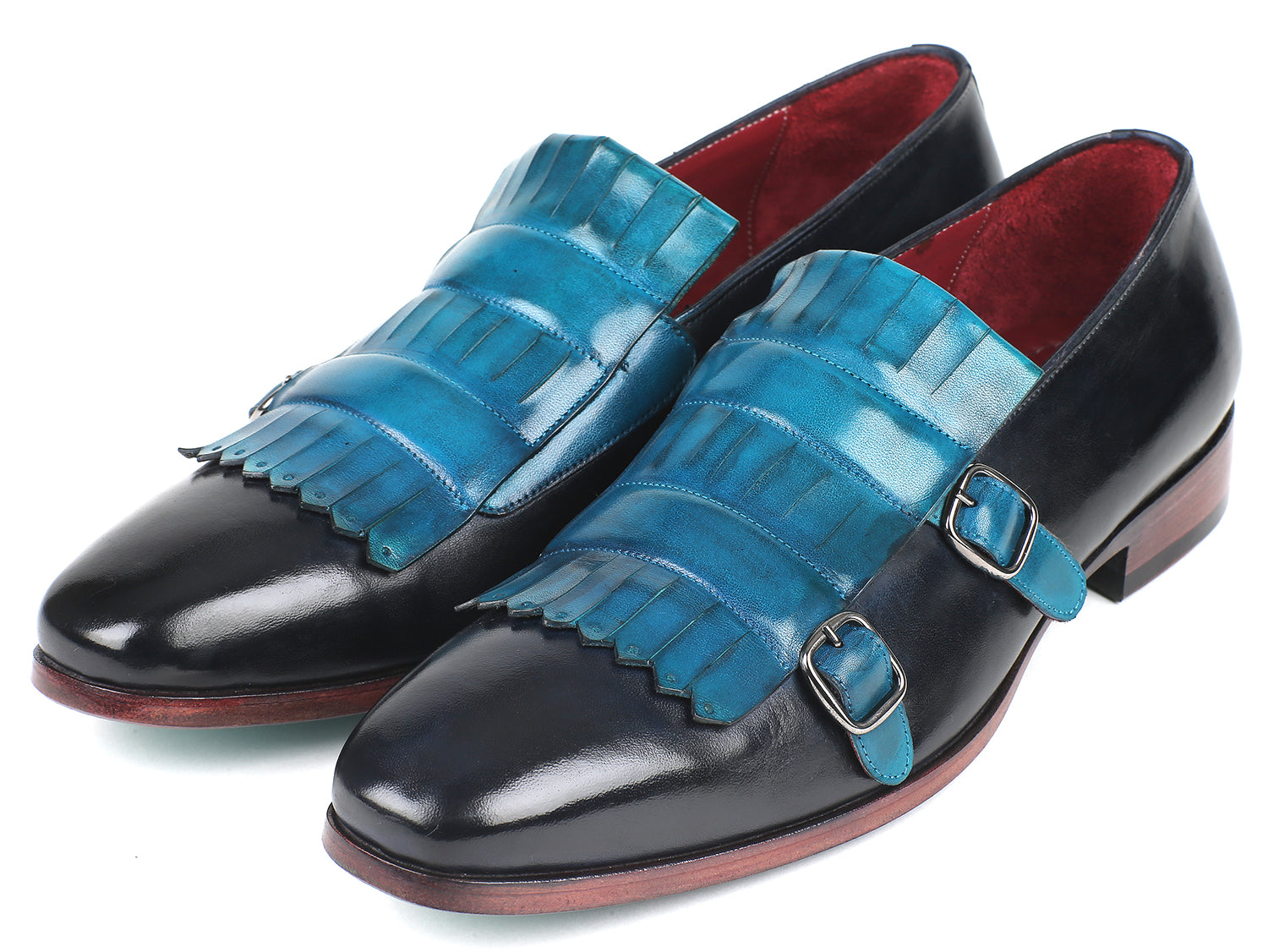 Paul Parkman Men's Blue & Navy Kiltie Double Monkstraps featuring hand-painted calfskin and turquoise leather sole.